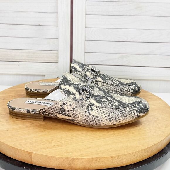 Steve Madden Kandi Snakeskin Horsebit Buckle Slide Loafers Cream Grey 8 - Picture 2 of 11